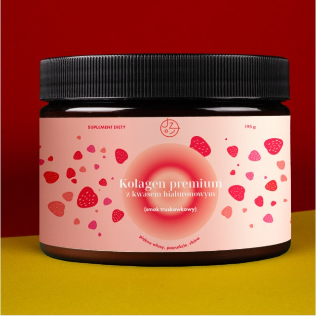 Kolagen premium z kwasem hialuronowym, wit. C i 8 substancjami dla pięknych włosów, paznokci i skóry (smak truskawkowy) 🍓