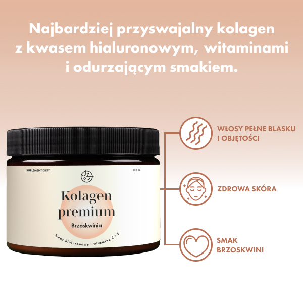 Kolagen premium z kwasem hialuronowym i witaminą C i E (smak brzoskwiniowy)